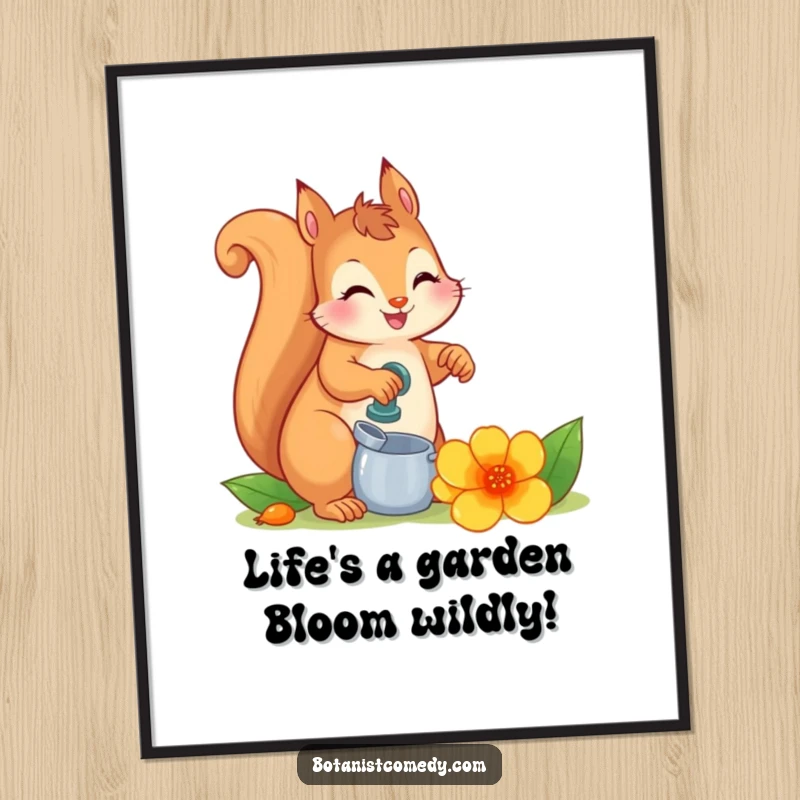 Funny Free Printable Wall Art: A happy squirrel watering an oversized, vibrant flower, whimsical and humorous downloadable decor.