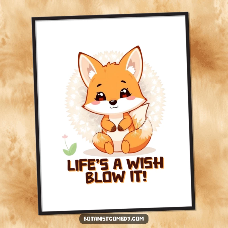 Funny Free Printable Wall Art: A playful fox hiding inside a large blooming dandelion, charming and whimsical downloadable decor.