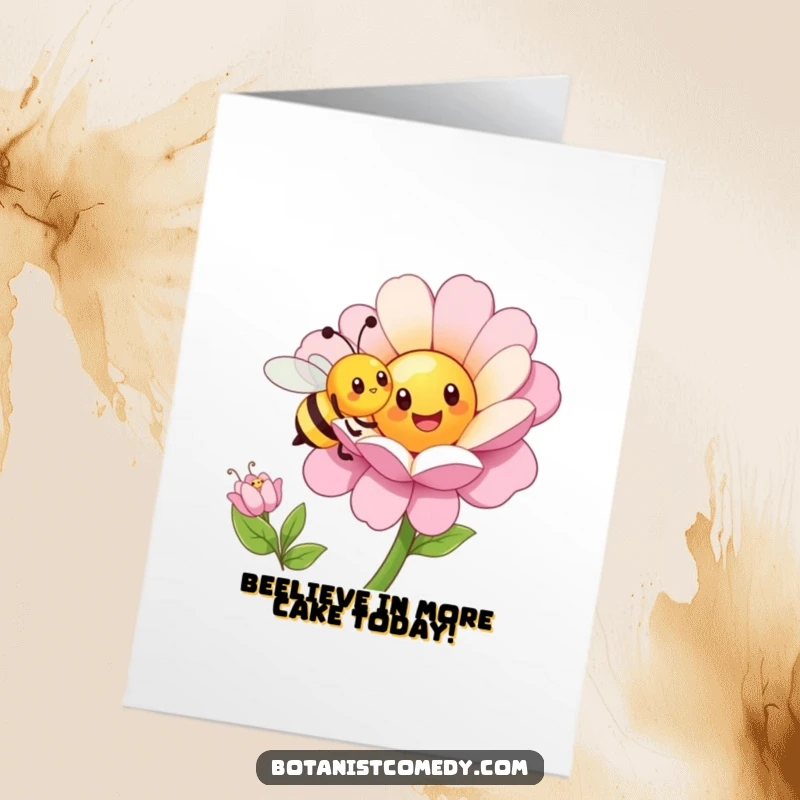 Funny Free Printable Bee Birthday Card: Happy bee pollinates oversized cheerful flower, celebrating a buzzing birthday.