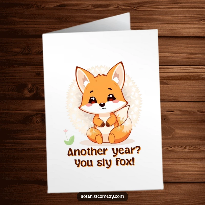 Funny Free Printable Birthday Card: A playful fox peeking out from inside a huge, blooming dandelion, a cute downloadable greeting.