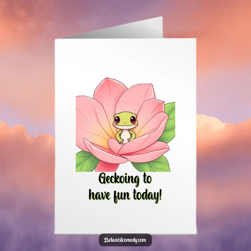 Funny Free Printable Gecko Birthday Card: Playful gecko peeks from exotic bloom, wishing a vibrant birthday.