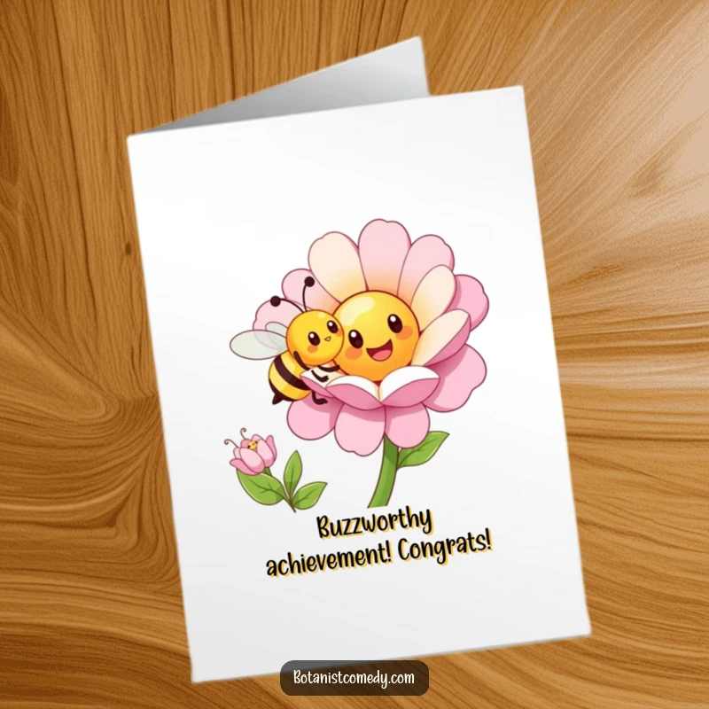 Funny Free Printable Bee Congrats Card: Happy bee pollinates a large cheerful flower, celebrating accomplishment.