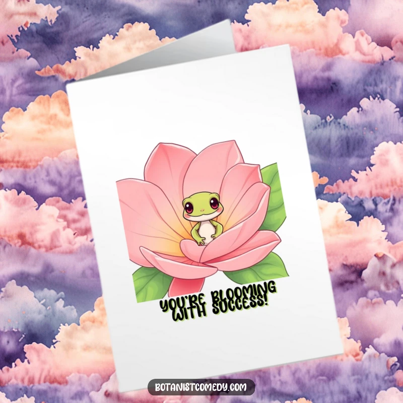 Funny Free Printable Gecko Congrats Card: Playful gecko peeks from exotic bloom, celebrating new beginnings.