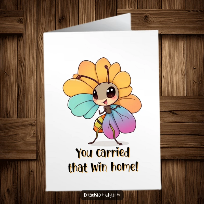 Funny Free Printable Ant Congrats Card: Diligent ant carries a large colorful petal, celebrating success through hard work.