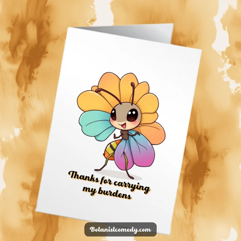 Funny Free Printable Ant Thank You Card: Diligent ant carries a large colorful petal, representing effortful thanks.