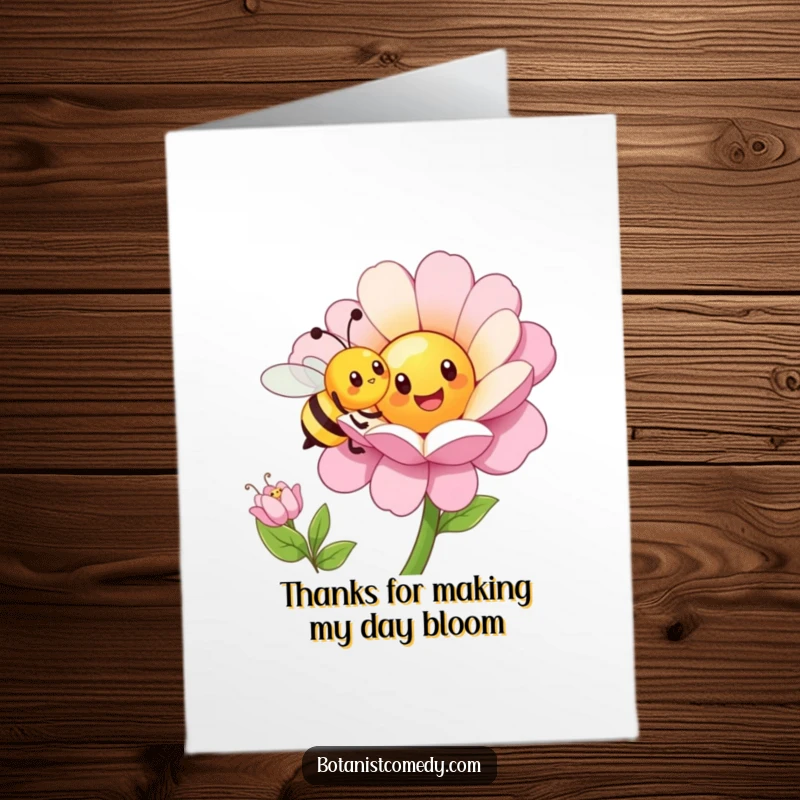 Funny Free Printable Bee Thank You Card: Happy bee pollinates a cheerful flower, symbolizing sweet gratitude.