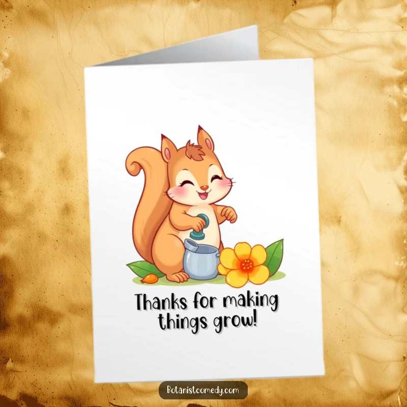 Funny Free Printable Thank You Card: A happy squirrel watering a giant flower, a unique and heartfelt way to express gratitude.