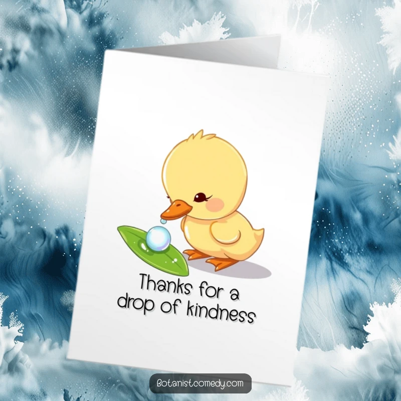 Funny Free Printable Duckling Thank You Card: Curious duckling dips into a dewdrop, symbolizing refreshing thanks.