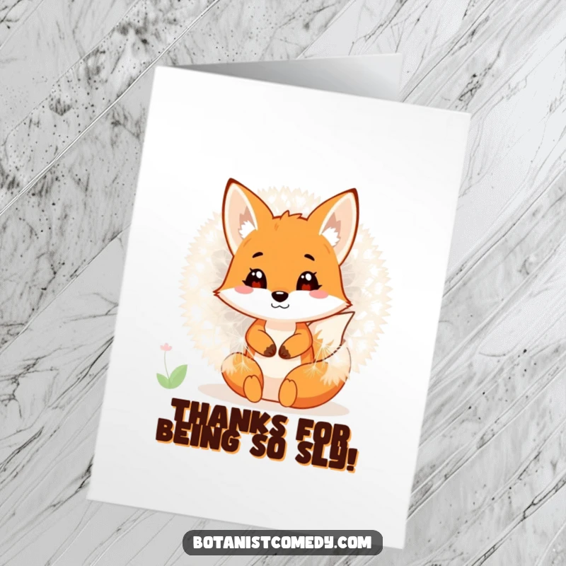 Funny Free Printable Thank You Card: A playful fox hiding inside a large blooming dandelion, a charming and humorous thank you.