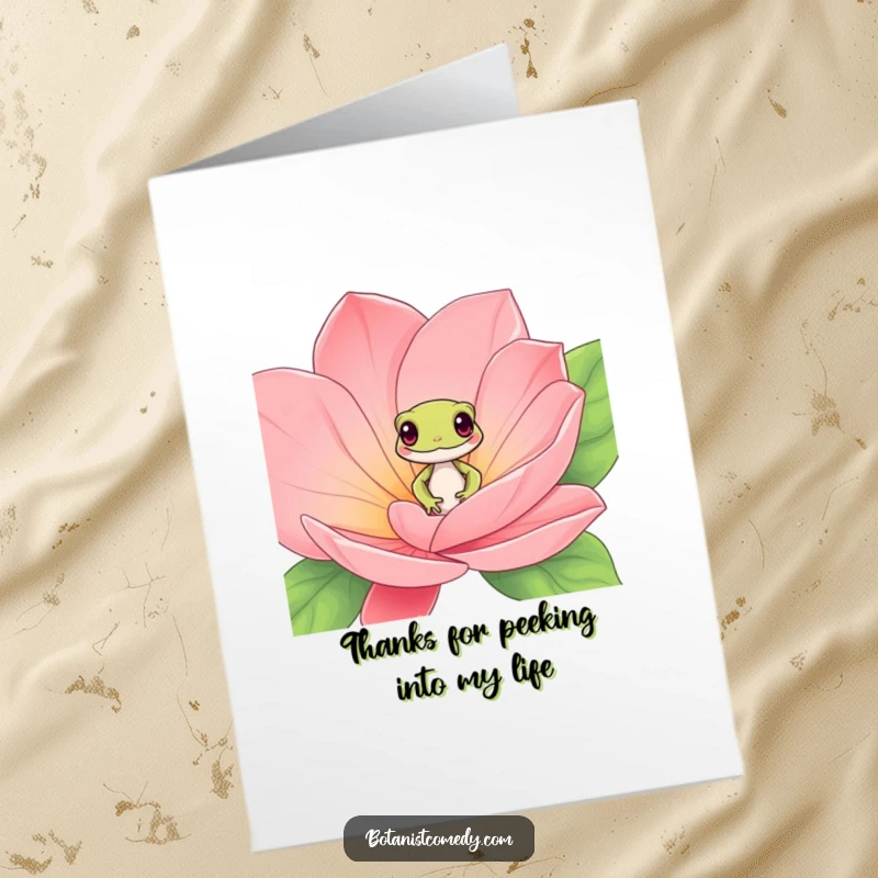 Funny Free Printable Gecko Thank You Card: Playful gecko peeks from an exotic bloom, offering delightful thanks.