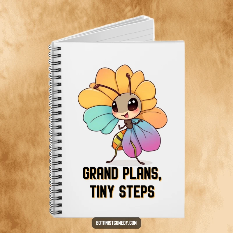 Funny ant notebook with a diligent ant carrying a large colorful petal, perfect for jotting down ambitious plans.
