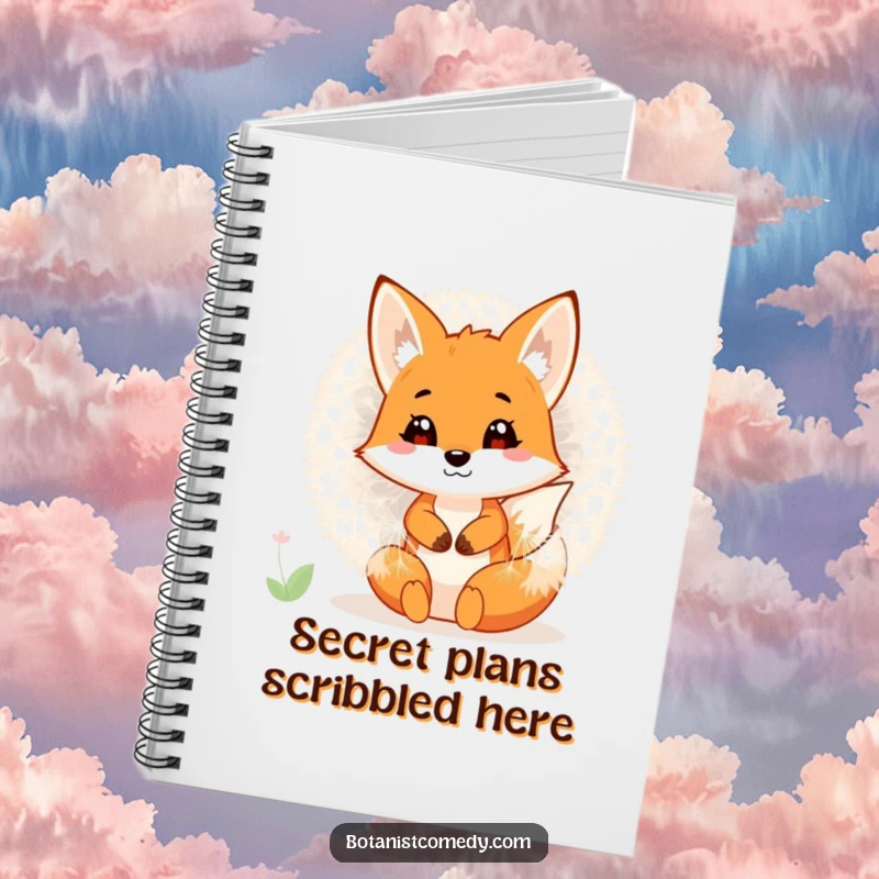 Funny fox hiding inside a large dandelion on the cover of a notebook, inspiring creative writing.
