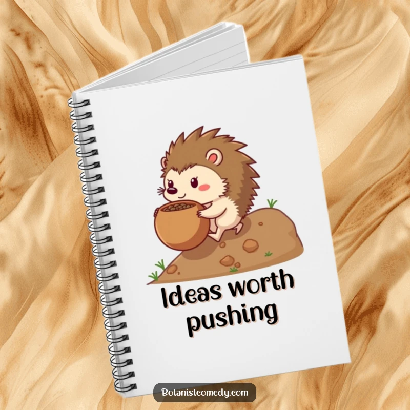 Funny hedgehog notebook with a determined hedgehog pushing a large seedpot, perfect for jotting down ambitious plans.
