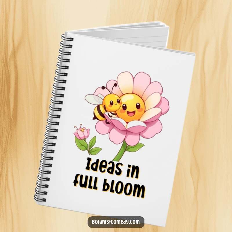 Funny bee notebook featuring a happy bee character pollinating a large flower, perfect for jotting down thoughts.
