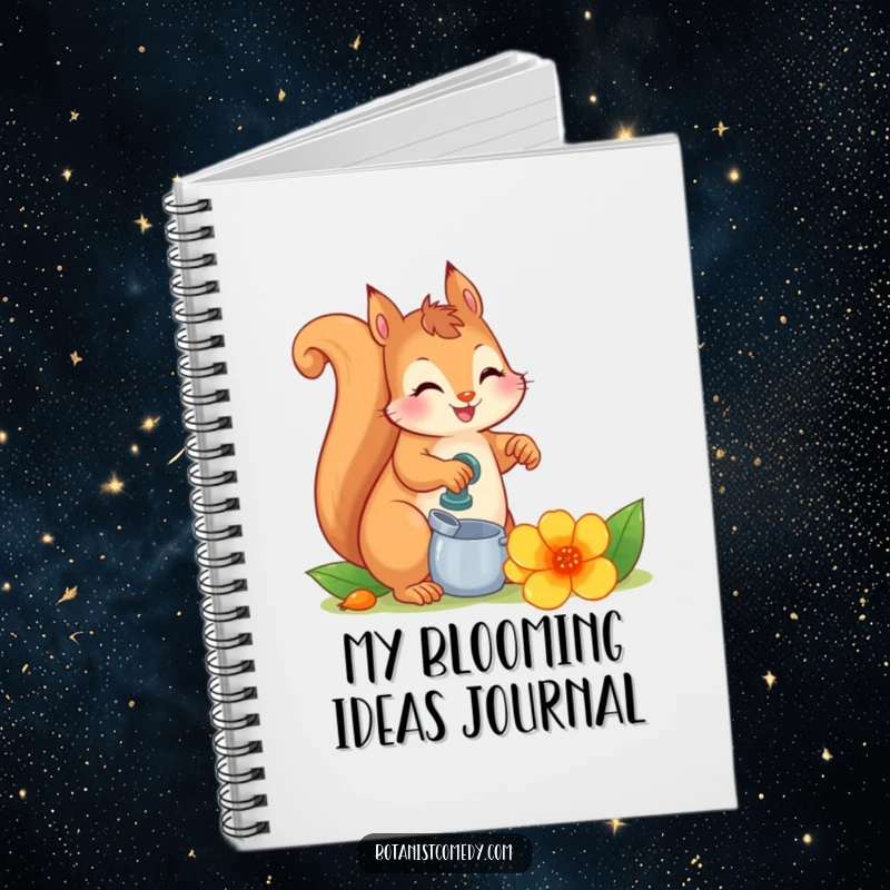Funny squirrel watering a large flower, featured on the cover of a notebook, inspiring creative writing and ideas.