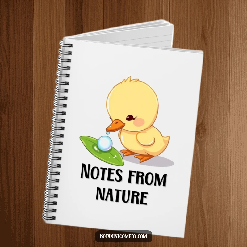 Funny duckling notebook featuring a curious duckling character exploring a dewdrop, perfect for jotting down thoughts.