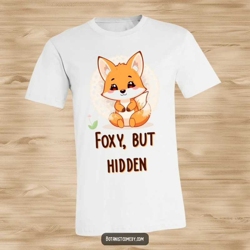Playful fox character hiding snugly inside a massive, fluffy dandelion on this funny and cute t-shirt.