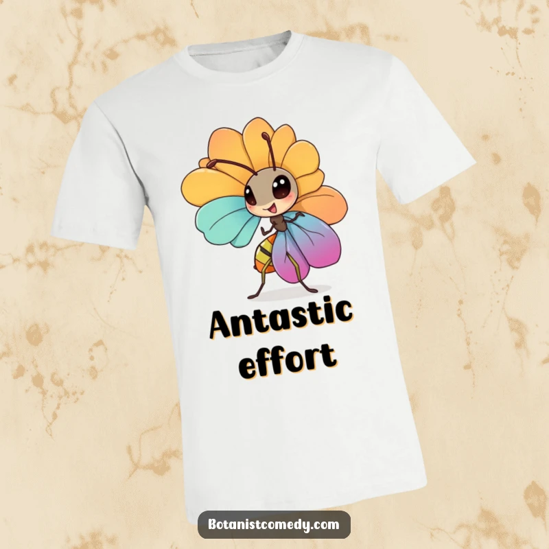Funny ant t-shirt showcasing a diligent ant character carrying a large, vibrant petal with impressive strength.