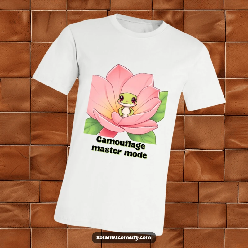 Funny gecko t-shirt showcasing a playful gecko character peeking out from behind the vibrant petals of a large, exotic flower.
