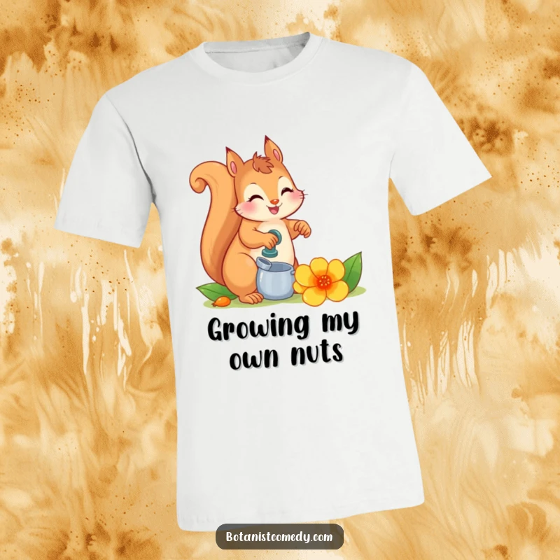 Funny squirrel watering a massive, vibrant flower, showcasing a delightful gardening scene on this humorous t-shirt.