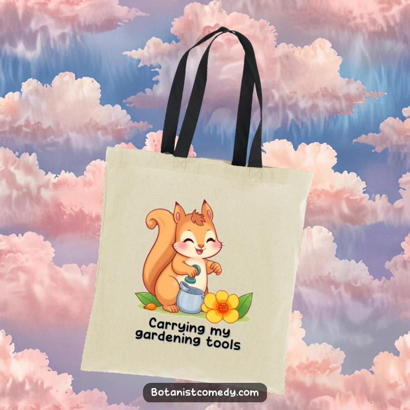 Funny squirrel watering a huge, bright flower, making this durable tote bag a functional and humorous accessory.