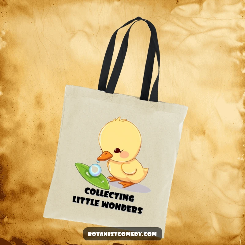 Funny duckling tote bag with a curious duckling character exploring a dewdrop on a leaf, perfect for daily use.