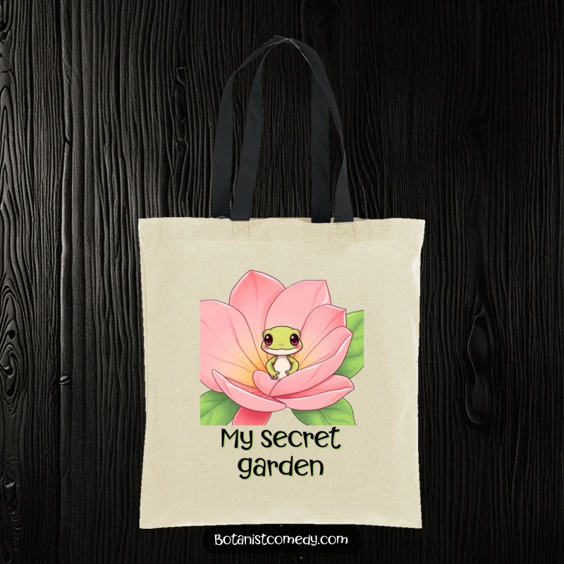Funny gecko tote bag with a playful gecko character peeking from exotic flower petals, symbolizing fun.