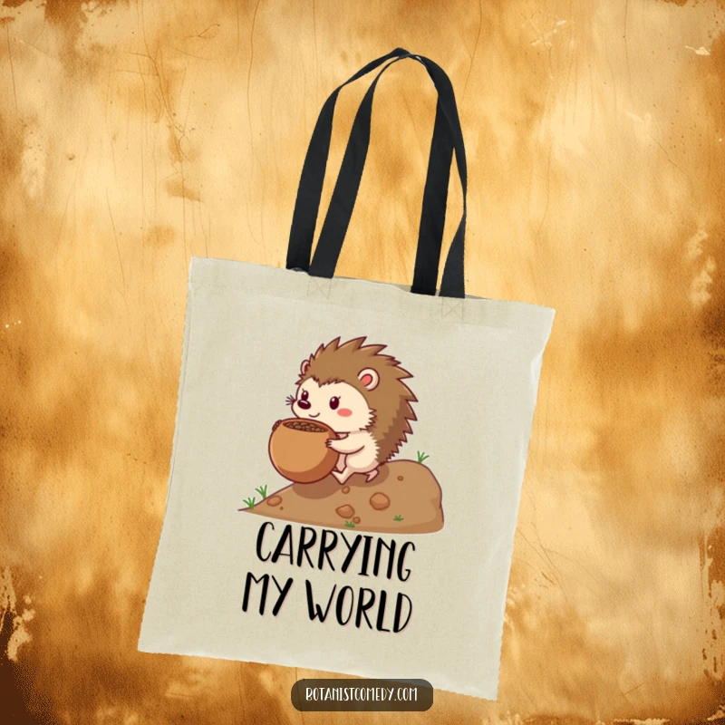 Funny hedgehog tote bag with a determined hedgehog pushing a large seedpot, symbolizing perseverance and humor.