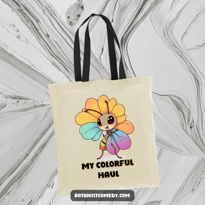 Funny ant tote bag with a diligent ant character carrying a large petal, symbolizing perseverance.