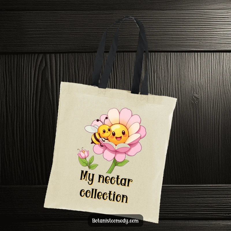 Funny bee tote bag with a happy bee character pollinating a large, cheerful flower, great for errands.